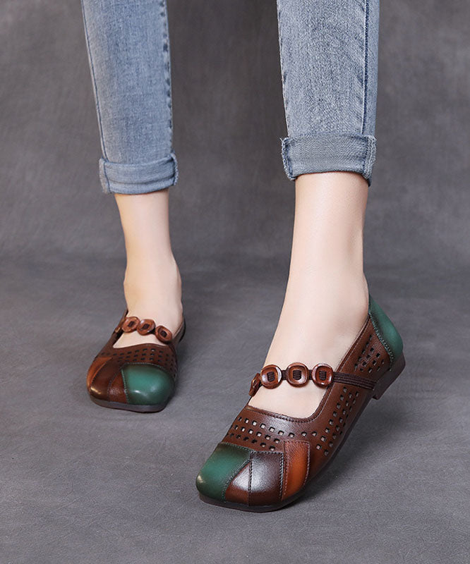 Fashion Splicing Flat Shoes Brown Hollow Out Cowhide Leather