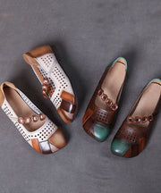 Fashion Splicing Flat Shoes Brown Hollow Out Cowhide Leather