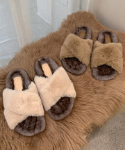 Fashion Splicing Platform Slippers Shoes Khaki Fuzzy Fur