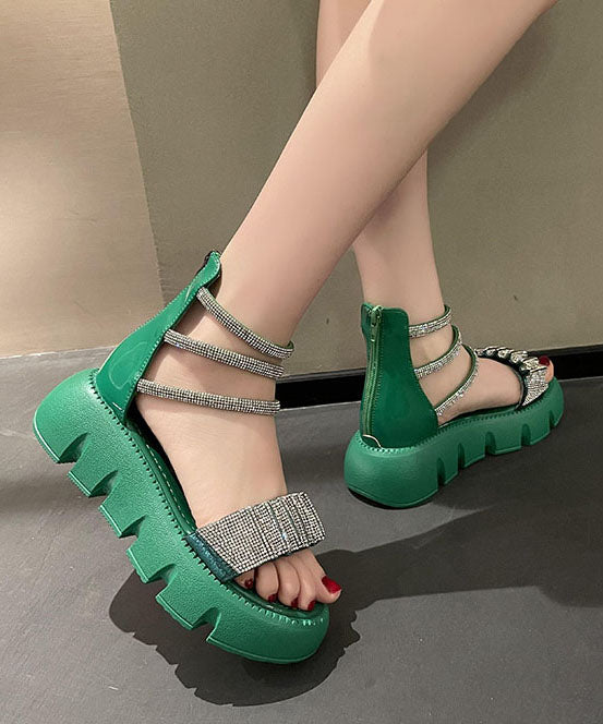 Fashion Splicing Zircon Platform Sandals Green Faux Leather