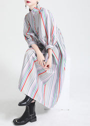 Fashion Stand Collar Multi Striped Puff Sleeve Cotton Party Dress