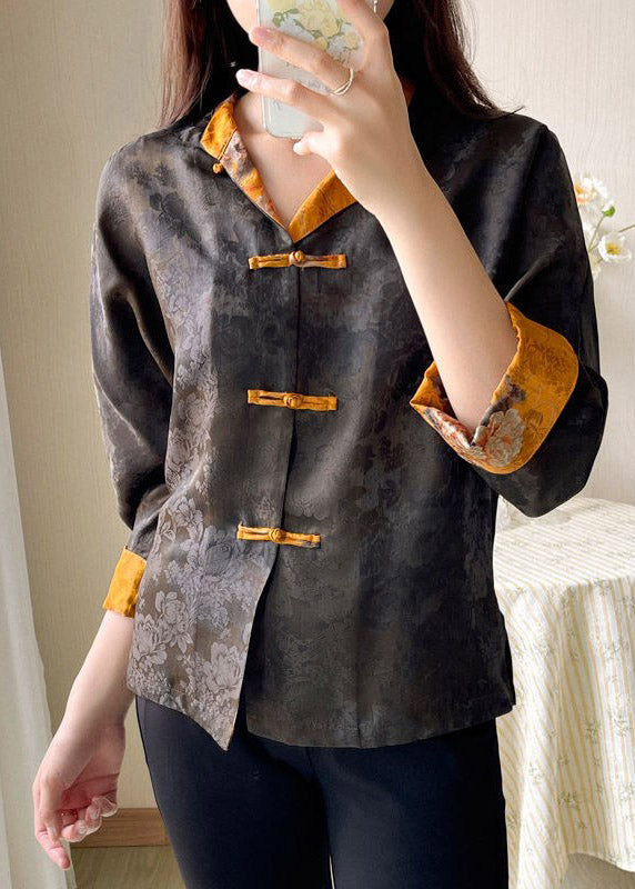 Fashion Stand Collar Print Button Side Open Silk Coat Long Sleeve