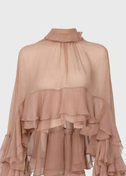 Fashion Stand Collar Ruffled Patchwork Chiffon Shirt Long Sleeve