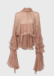 Fashion Stand Collar Ruffled Patchwork Chiffon Shirt Long Sleeve