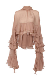 Fashion Stand Collar Ruffled Patchwork Chiffon Shirt Long Sleeve