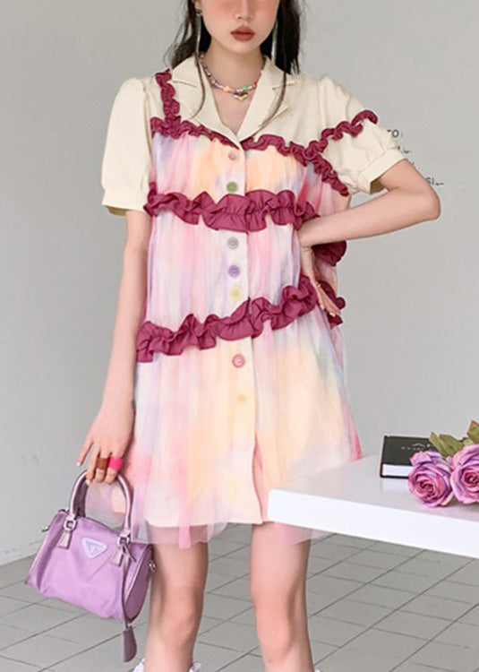 Fashion Turtleneck Patchwork Ruffled Button Tulle Shirts Dresses Summer