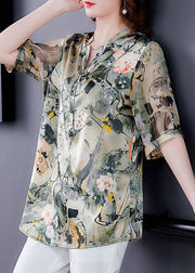 Fashion V Neck Print Button Silk Shirts Short Sleeve