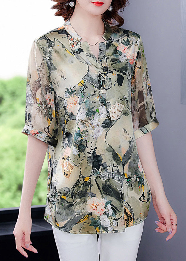 Fashion V Neck Print Button Silk Shirts Short Sleeve