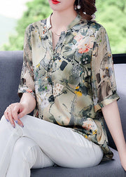 Fashion V Neck Print Button Silk Shirts Short Sleeve