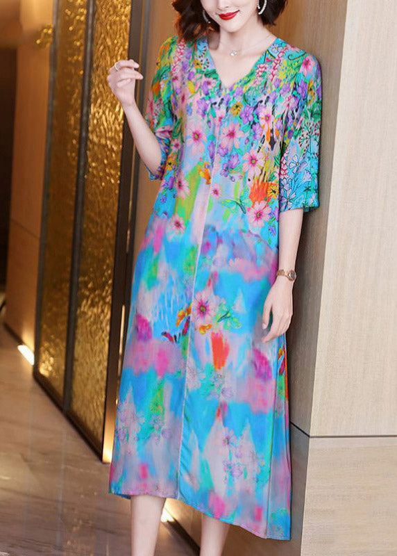 Fashion V Neck Print Silk Long Dresses Half Sleeve