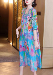 Fashion V Neck Print Silk Long Dresses Half Sleeve