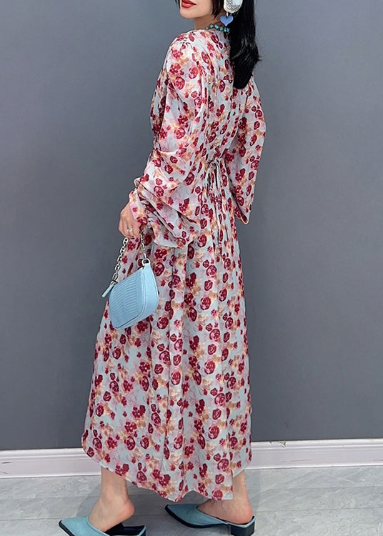 Fashion V Neck Print Tie Waist Long Dress Spring