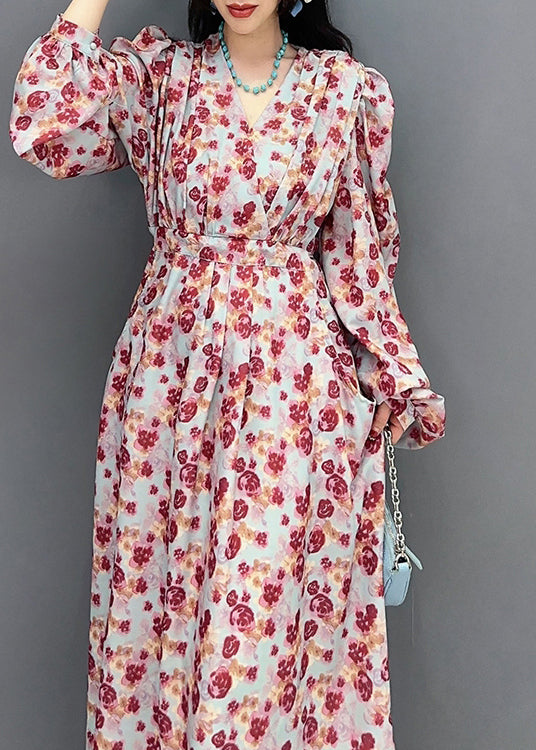 Fashion V Neck Print Tie Waist Long Dress Spring