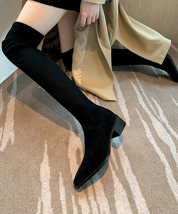 Fashion Versatile Black Elastic Fabric Chunky Knee Boots