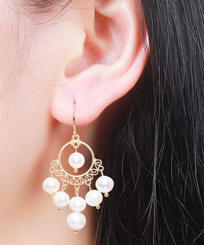 Fashion White 14K Gold Pearl Tassel Drop Earrings