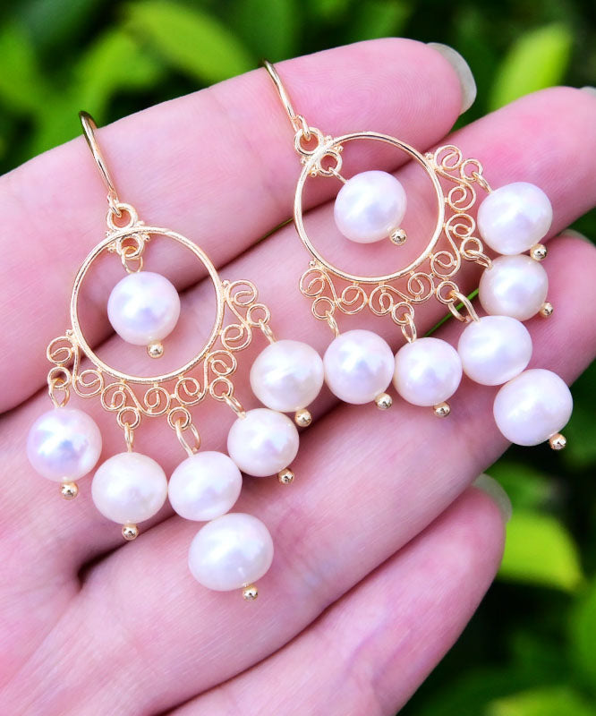 Fashion White 14K Gold Pearl Tassel Drop Earrings