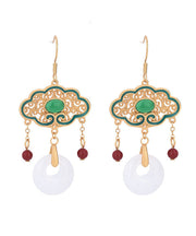 Fashion White Alloy Inlaid Gem Stone Jade Cloisonne Enamel Tassel Ping Buckle Drop Earrings