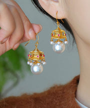 Fashion White Ancient Gold Pearl Agate Palace Lantern Drop Earrings