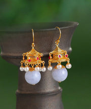 Fashion White Ancient Gold Pearl Agate Palace Lantern Drop Earrings