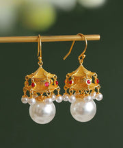 Fashion White Ancient Gold Pearl Agate Palace Lantern Drop Earrings