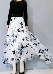 Fashion White Butterfly Embroideried Exra Large Hem Loose Tulle Skirt Spring