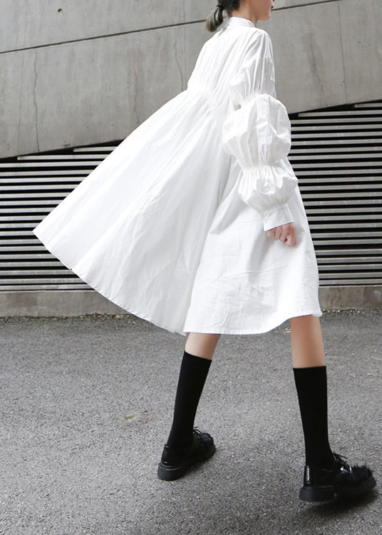 Fashion White Cinched Asymmetrical Design Cotton Dress Fall