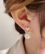 Fashion White Copper Overgild 14K Gold Pearl Zircon Bow Drop Earrings