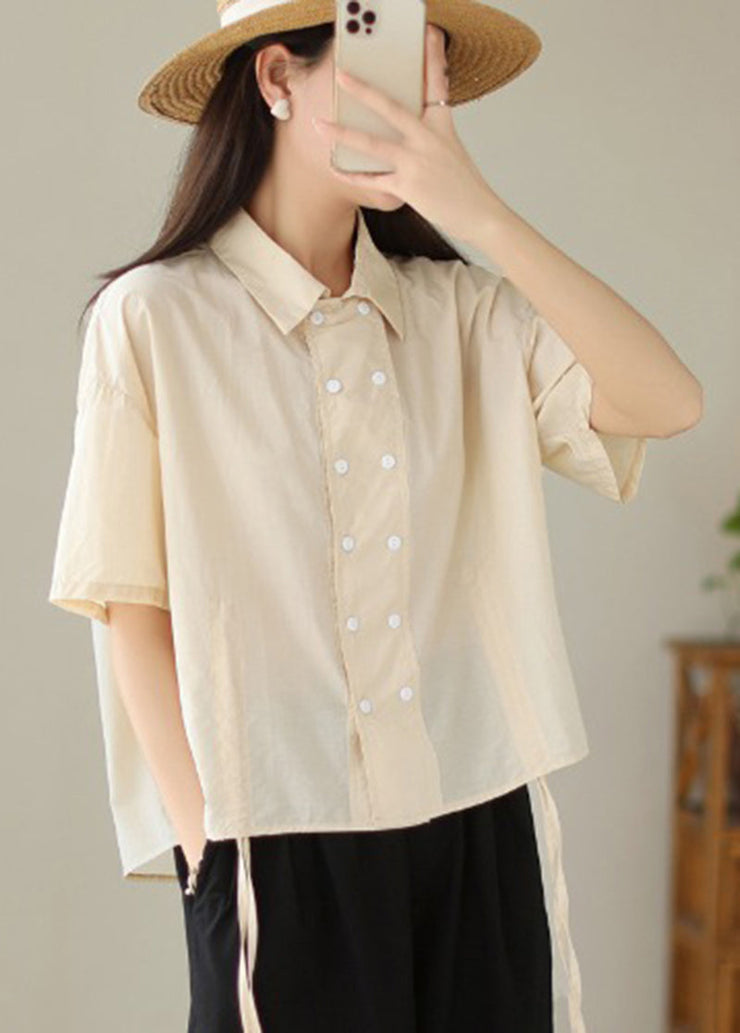 Fashion White Double Breast Drawstring Cotton Shirt Tops Summer