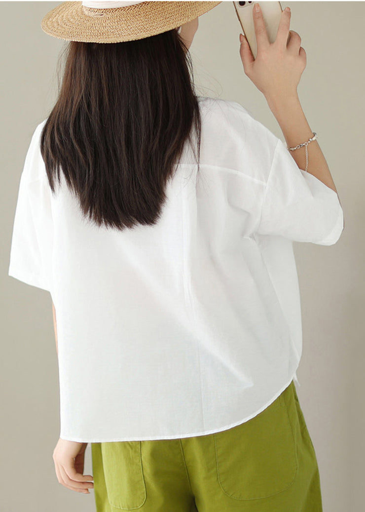 Fashion White Double Breast Drawstring Cotton Shirt Tops Summer