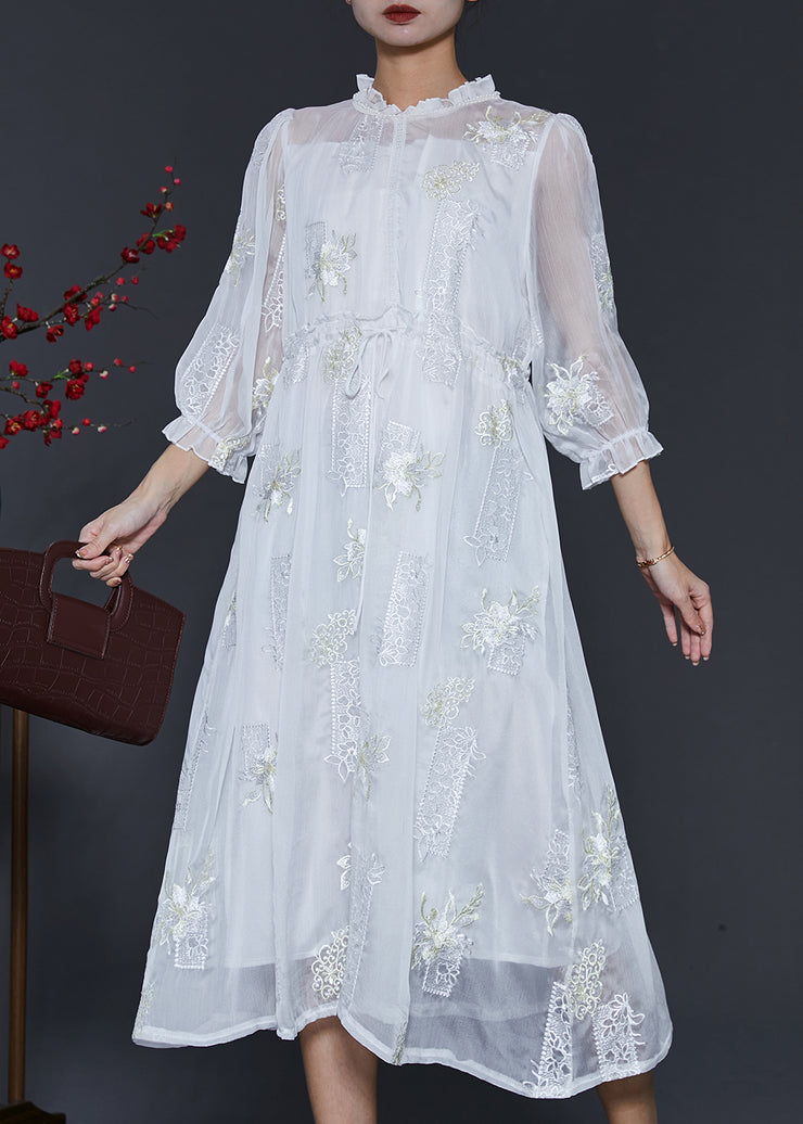 Fashion White Embroidered Silk Cinched Dresses Summer