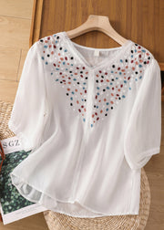 Fashion White Embroideried Patchwork Lace Linen Shirt Short Sleeve