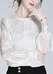 Fashion White O-Neck Button Jacquard Slik Shirt Spring