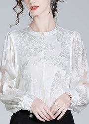 Fashion White O-Neck Button Jacquard Slik Shirt Spring