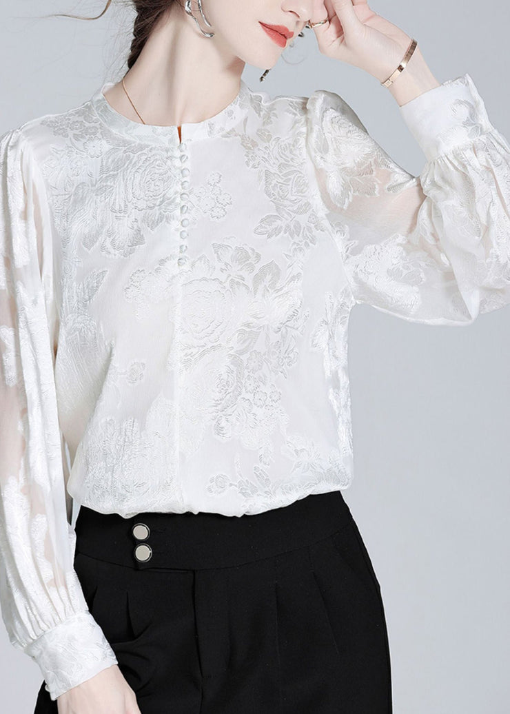 Fashion White O-Neck Button Jacquard Slik Shirt Spring