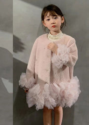 Fashion White O-Neck Button Tulle Patchwork Girls Mid Dresses Winter