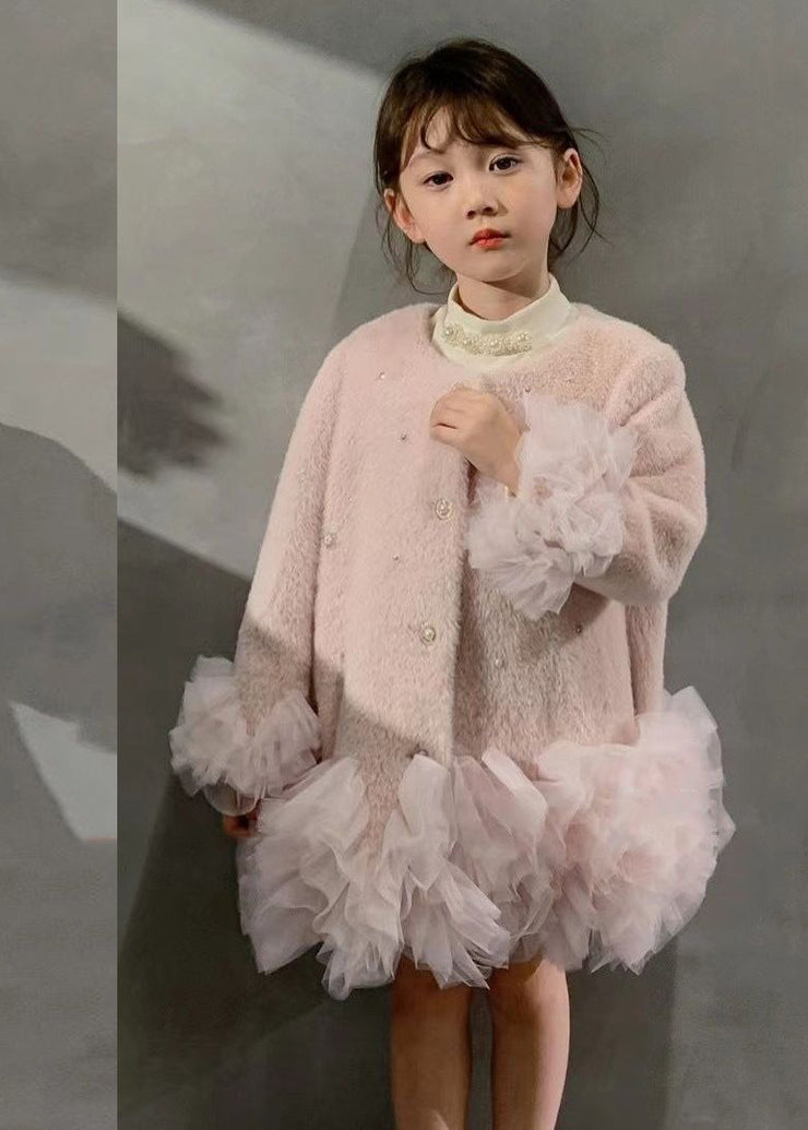 Fashion White O-Neck Button Tulle Patchwork Girls Mid Dresses Winter