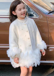 Fashion White O-Neck Button Tulle Patchwork Girls Mid Dresses Winter