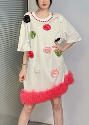 Fashion White O Neck Floral Zircon Cotton Mid Dress Summer