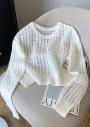 Fashion White O Neck Hollow Out Knit Pullover Fall