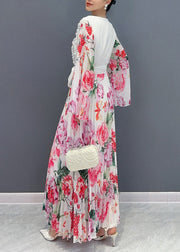 Fashion White O-Neck Ruffled Patchwork Tie Waist Chiffon Long Dress Long Sleeve