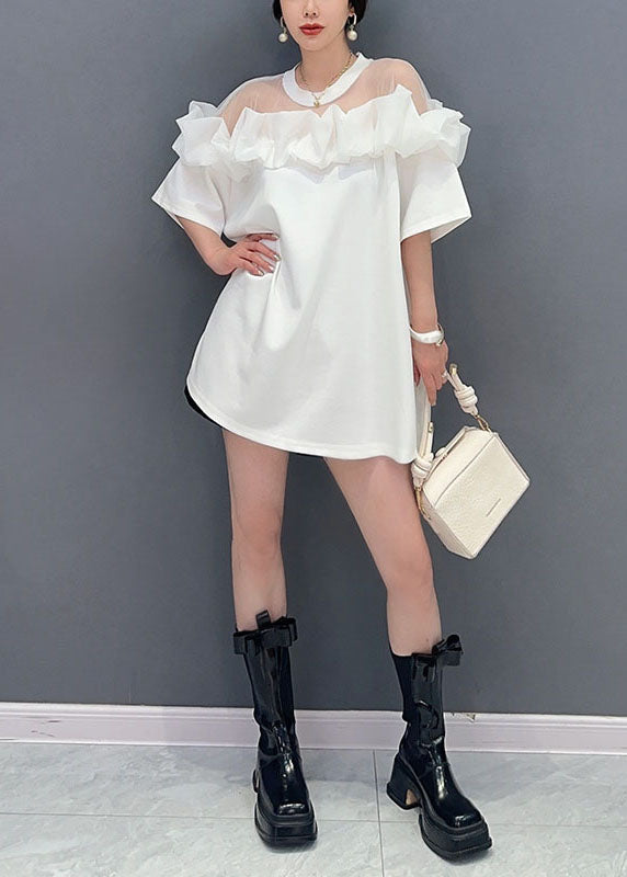 Fashion White O Neck Ruffled Tulle Patchwork Cotton Mid Dress Summer