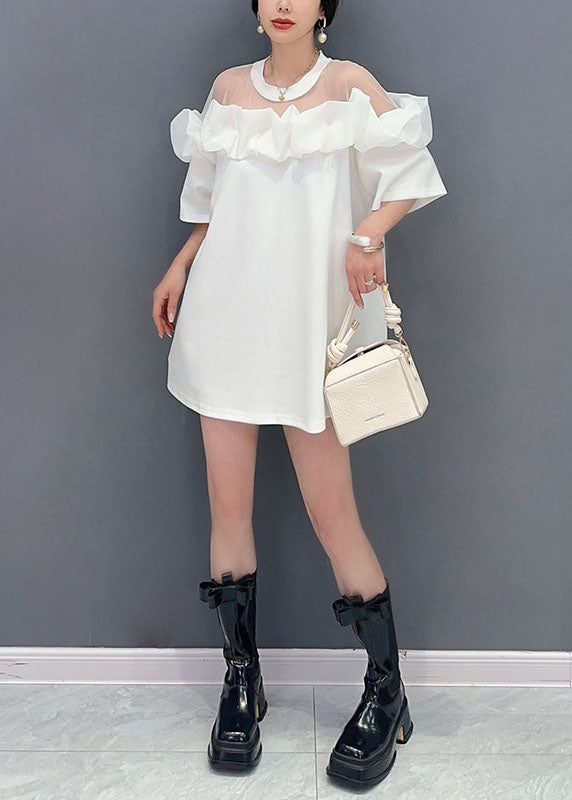 Fashion White O Neck Ruffled Tulle Patchwork Cotton Mid Dress Summer