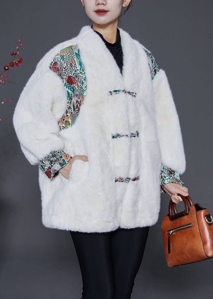 Fashion White Oversized Patchwork Chinese Button Faux Fur Jacket Winter