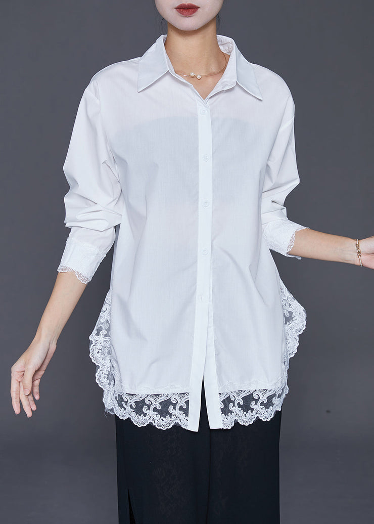 Fashion White Oversized Patchwork Lace Cotton Shirt Fall