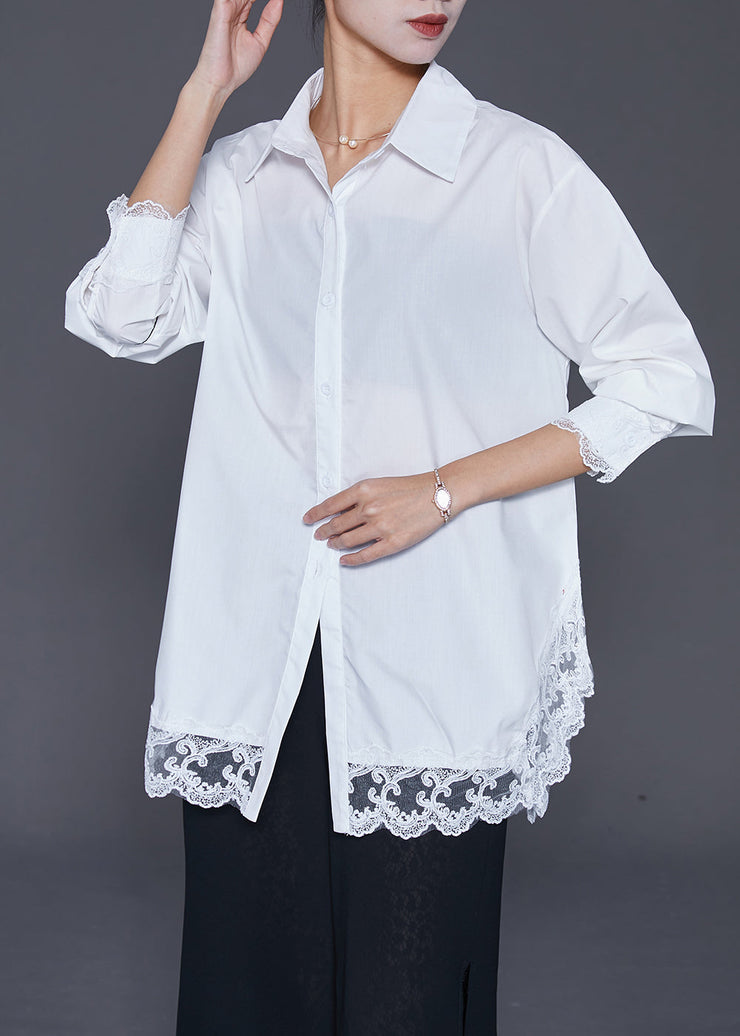 Fashion White Oversized Patchwork Lace Cotton Shirt Fall