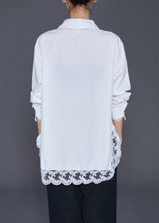 Fashion White Oversized Patchwork Lace Cotton Shirt Fall