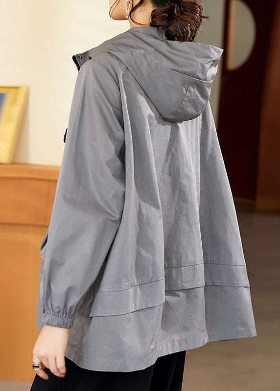 Fashion Gray Patchwork Zippered Button Pockets Cotton Hooded Coats Long Sleeve