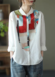 Fashion White Peter Pan Collar Print Button Linen Shirt Long Sleeve