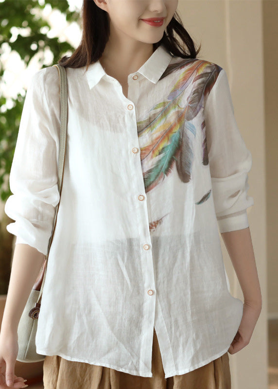 Fashion White Peter Pan Collar Print Ramie Shirts Spring