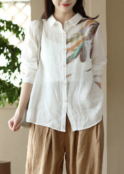 Fashion White Peter Pan Collar Print Ramie Shirts Spring